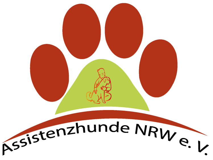 Eine Hundepfote. Rote Tatzen und ein grüner Ballen. In dem grünen Ballen schemenhaft angedeutet ein Junge, der einen Hund umarmt. Unter der Pfote in schwarzer Schrift Assistenzhunde NRW e. V.